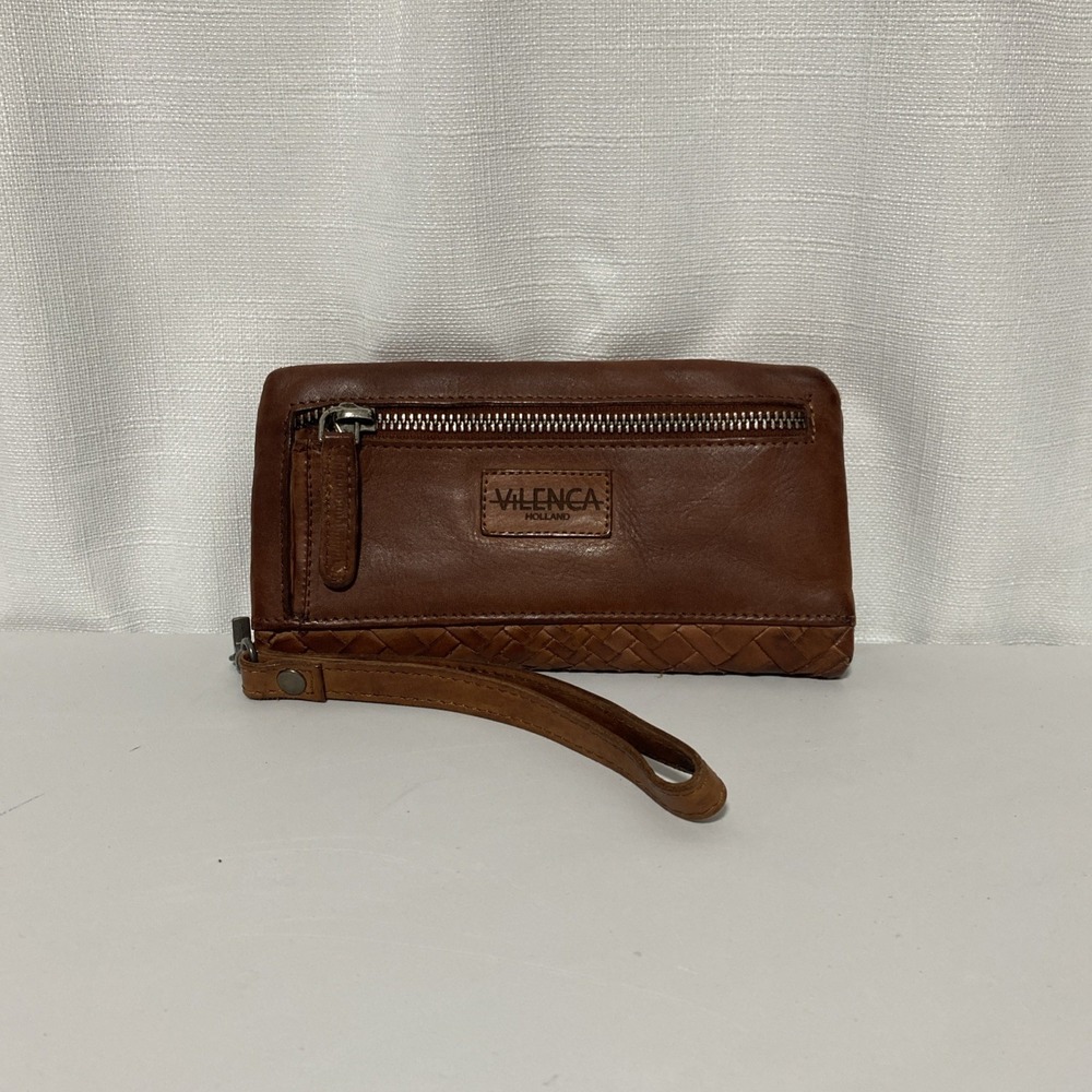 Vilenca Holland Brown Leather Bifold Wristlet Wallet Bohemian Woven Accessory